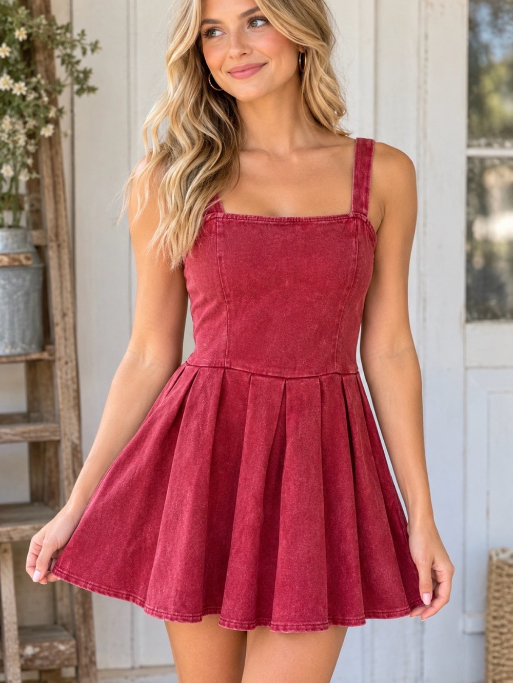 Red Denim Pleated Jumper Dress